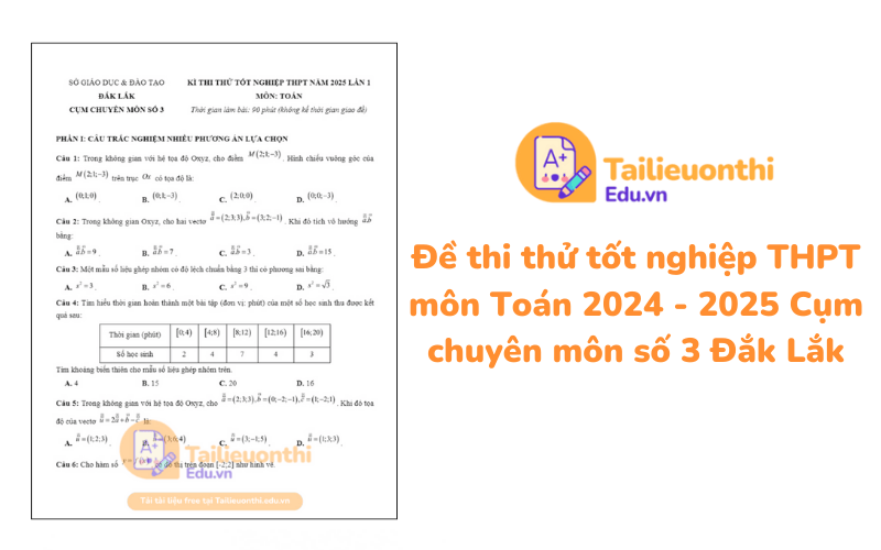 Đề thi thử tốt nghiệp THPT môn Toán 2024 - 2025 Cụm chuyên môn số 3 Đắk Lắk